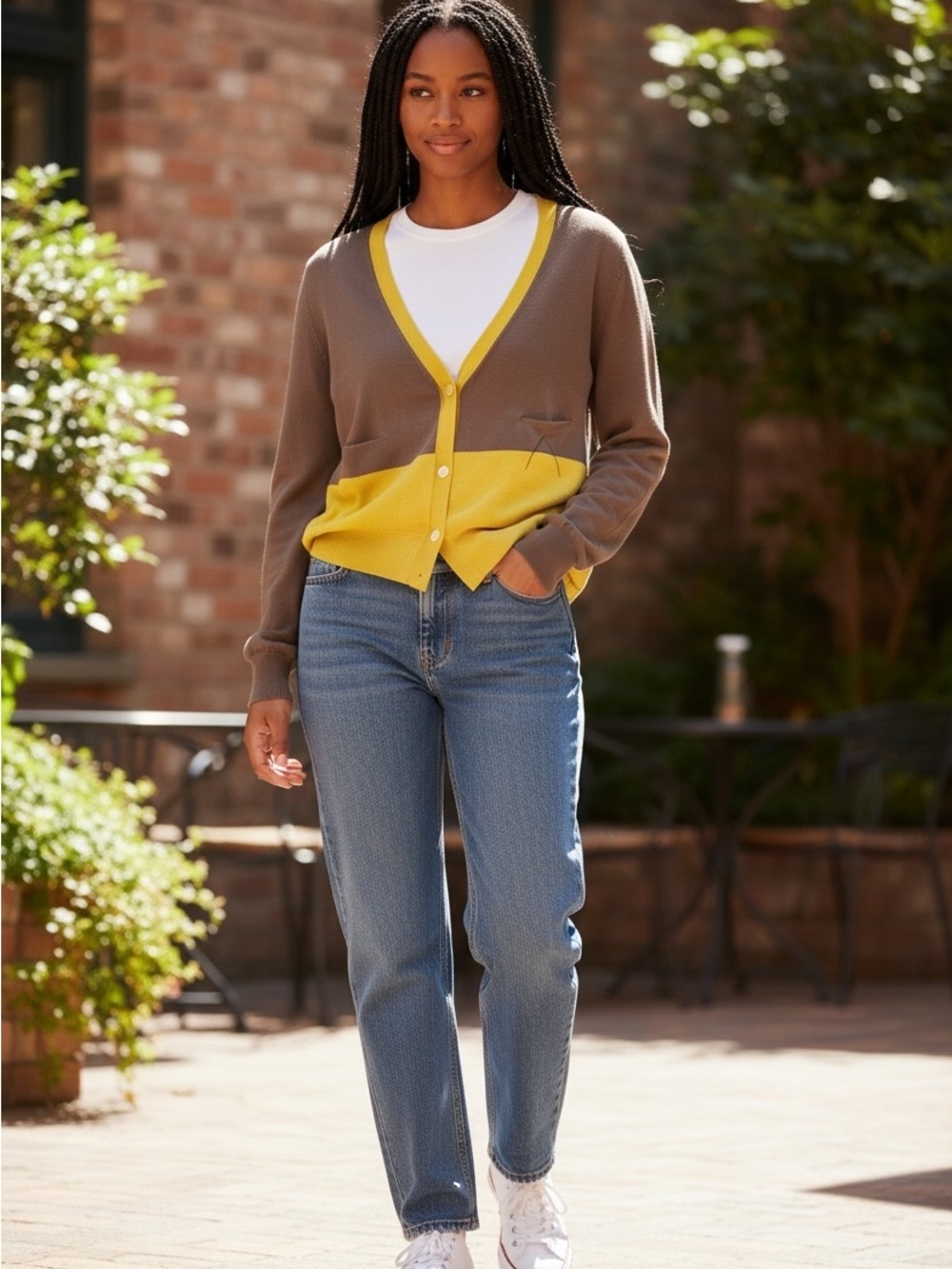 Antipast V-Neck Cardigan Sweater in Olive and Yellow Colorblock size 2